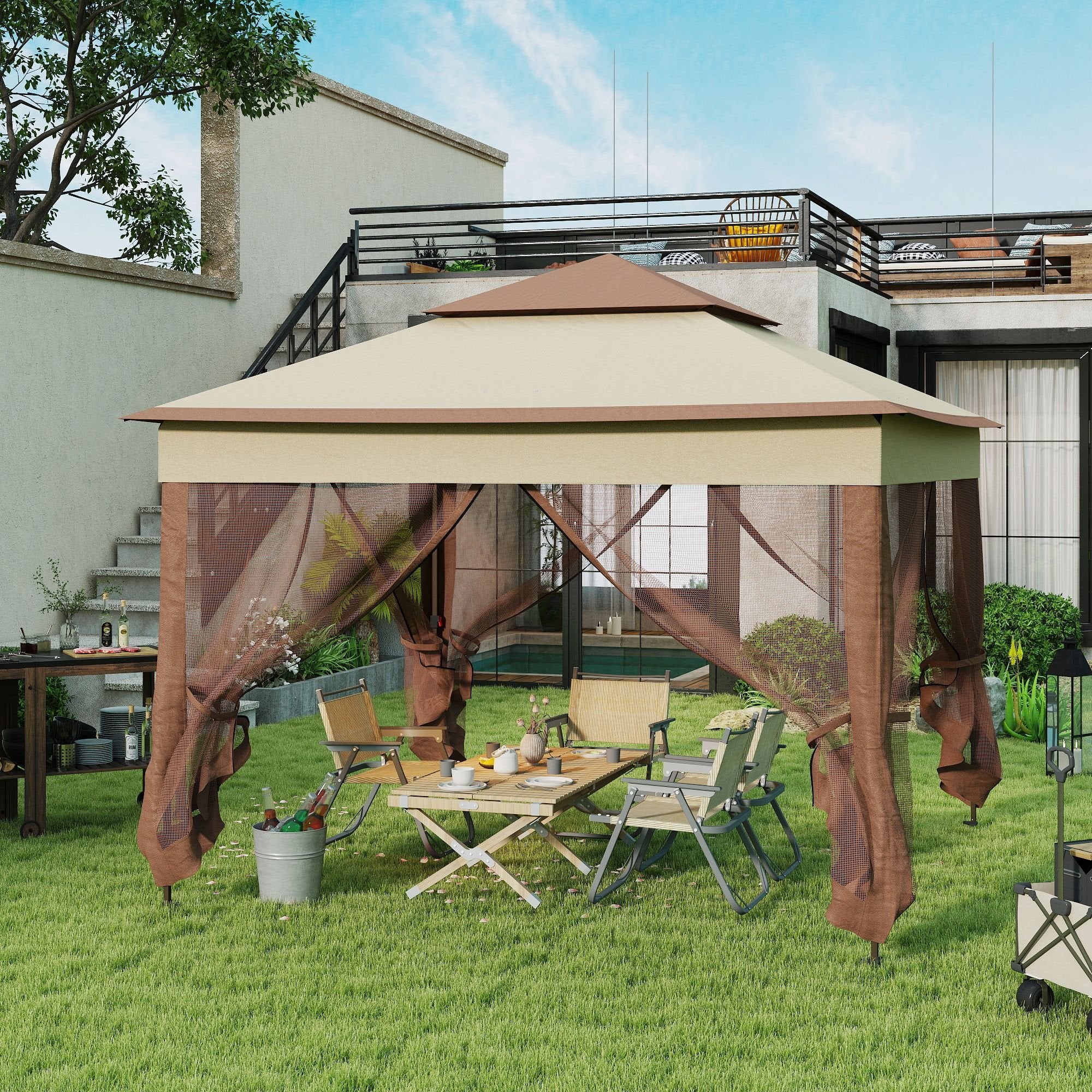 Outdoor Patio Pop Up Canopy Gazebo Shelter with Zipper Netting, Carry Bag