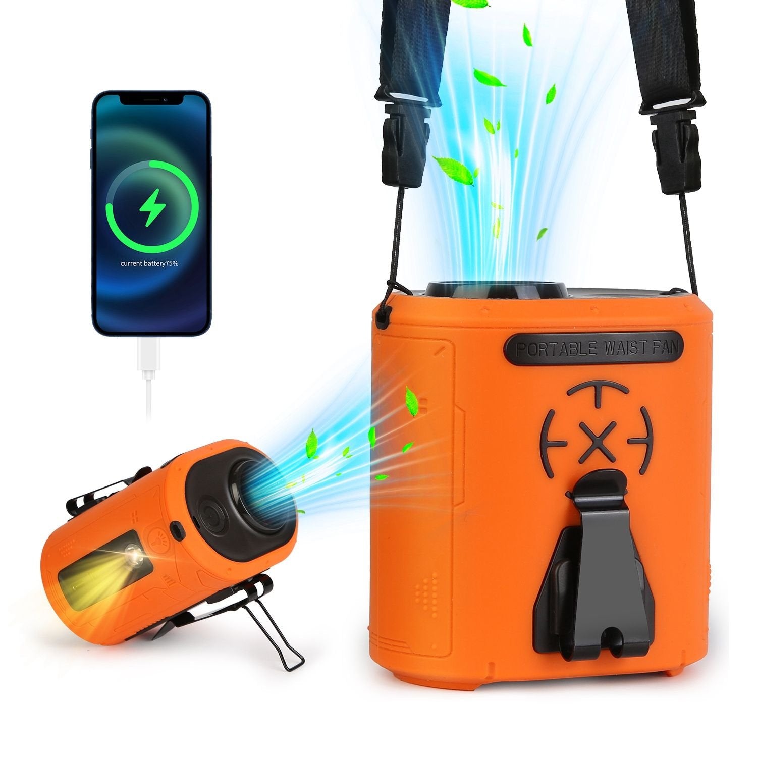 5-in-1 Wearable Waist Clip Fan – 10,000mAh Rechargeable Portable Fan with 5 Speeds, LED Flashlight & Emergency Power Bank