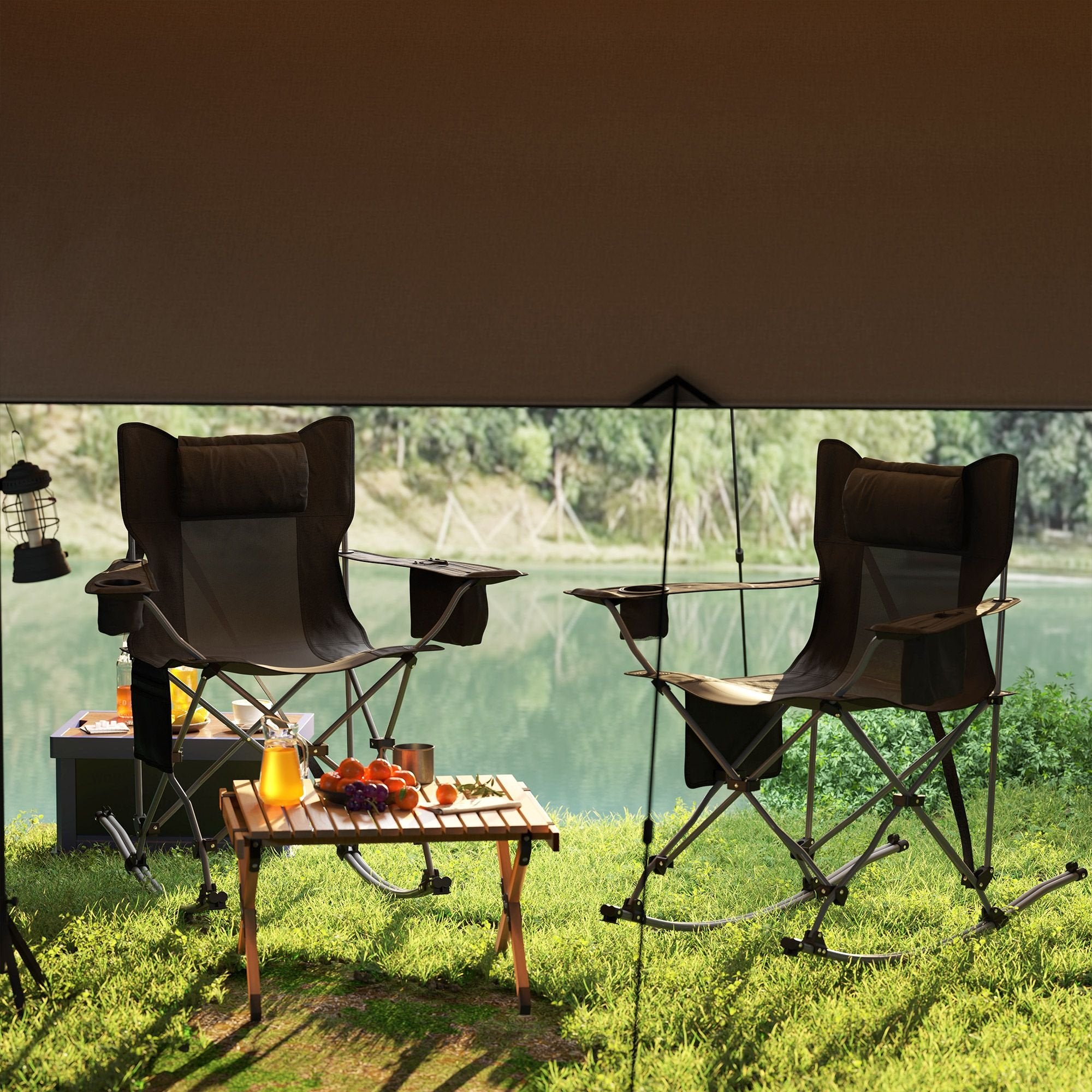 Folding Rocking Camping Chairs - Portable with Headrest, Cooler & Cup Holder