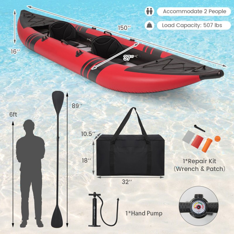 Inflatable 2-Person Kayak Set – Heavy-Duty PVC Kayak with Aluminum Oars, Adjustable Seats & Repair Kit