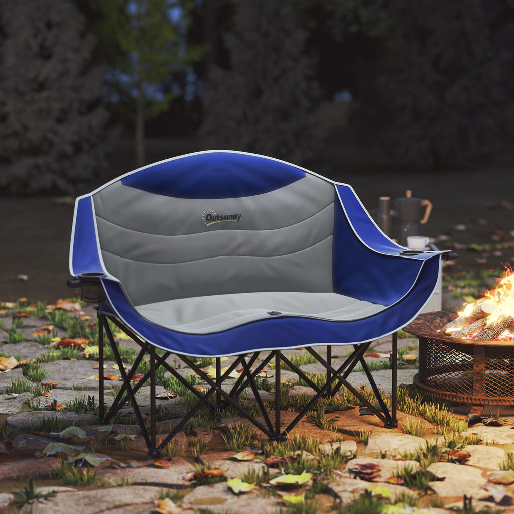 Padded Double Camping Chair - Folding with Armrests & Cup Holders
