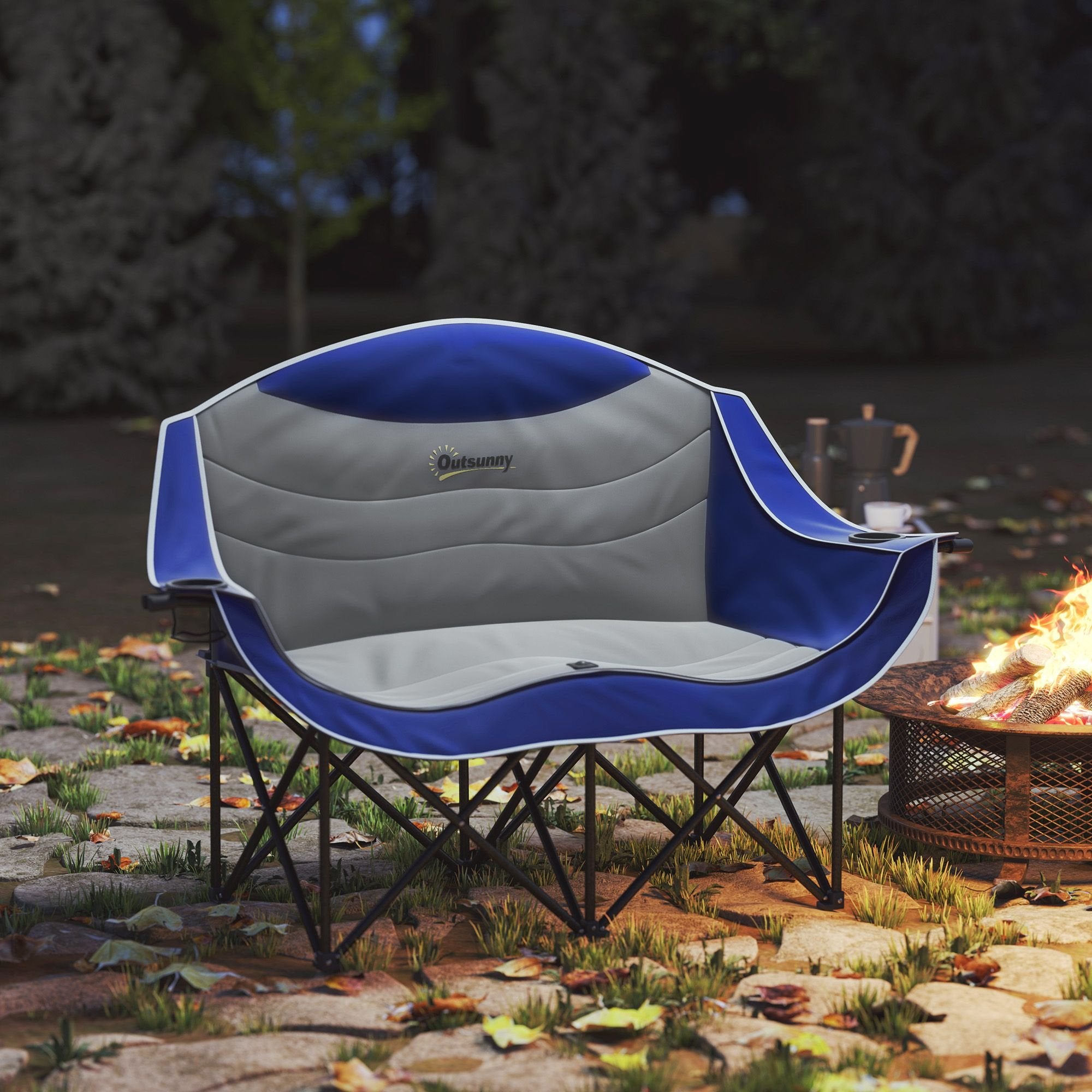 Padded Double Camping Chair - Folding with Armrests & Cup Holders