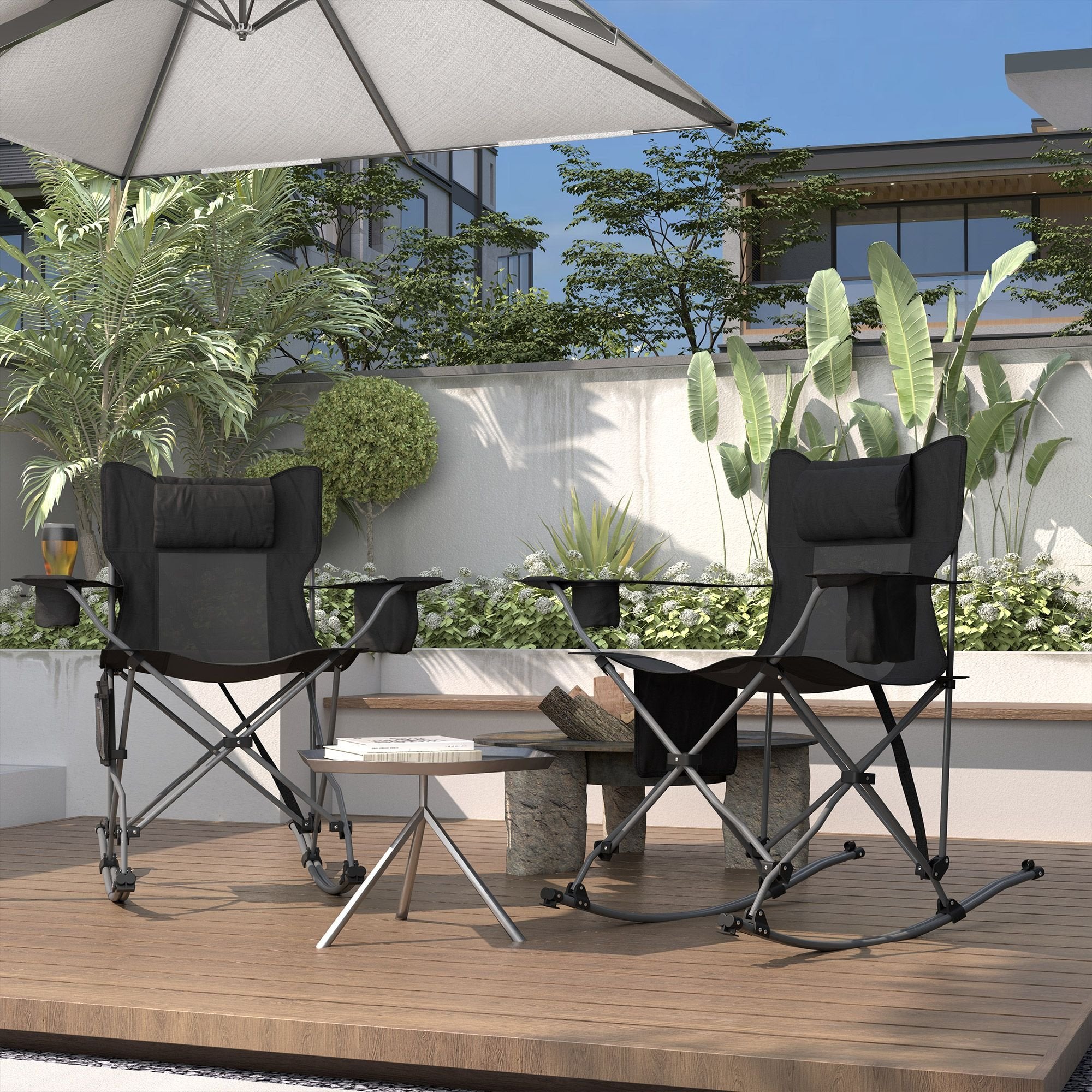 Folding Rocking Camping Chairs - Portable with Headrest, Cooler & Cup Holder