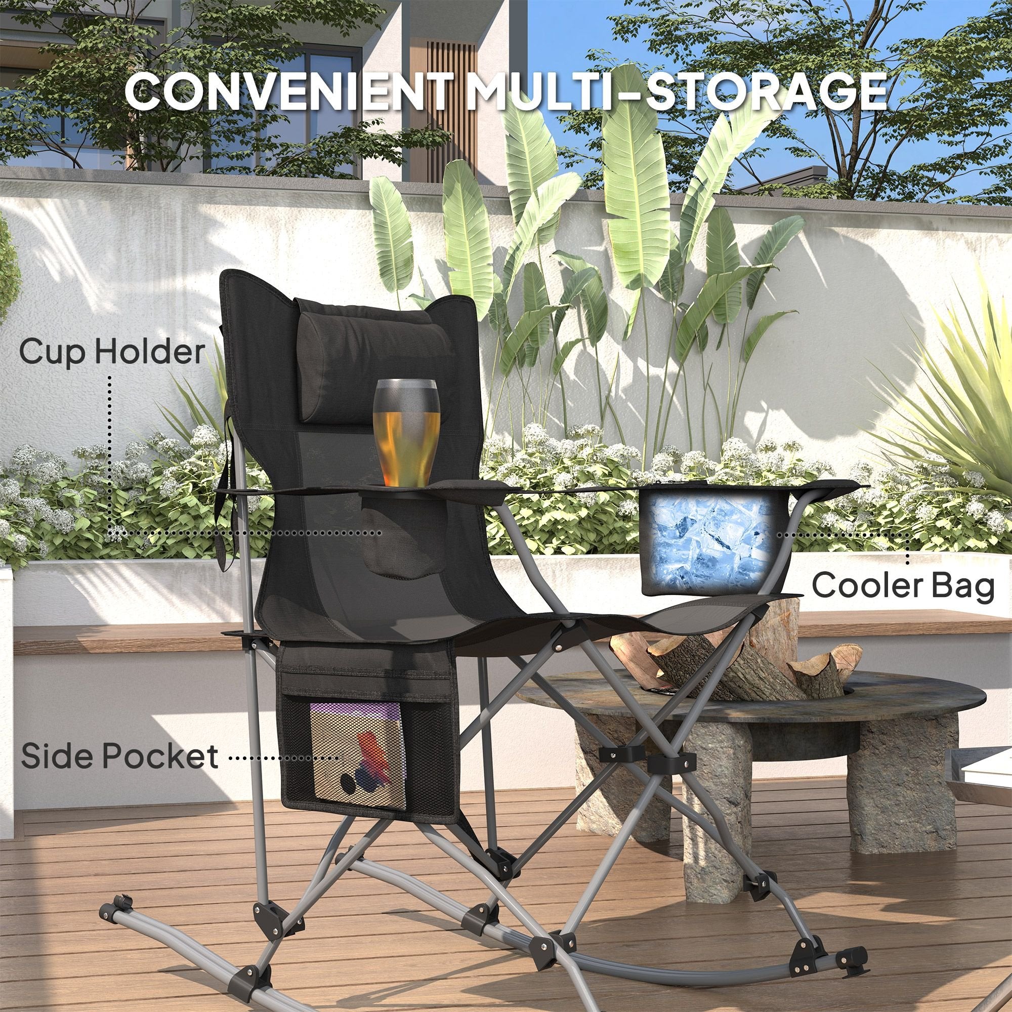 Folding Rocking Camping Chairs - Portable with Headrest, Cooler & Cup Holder