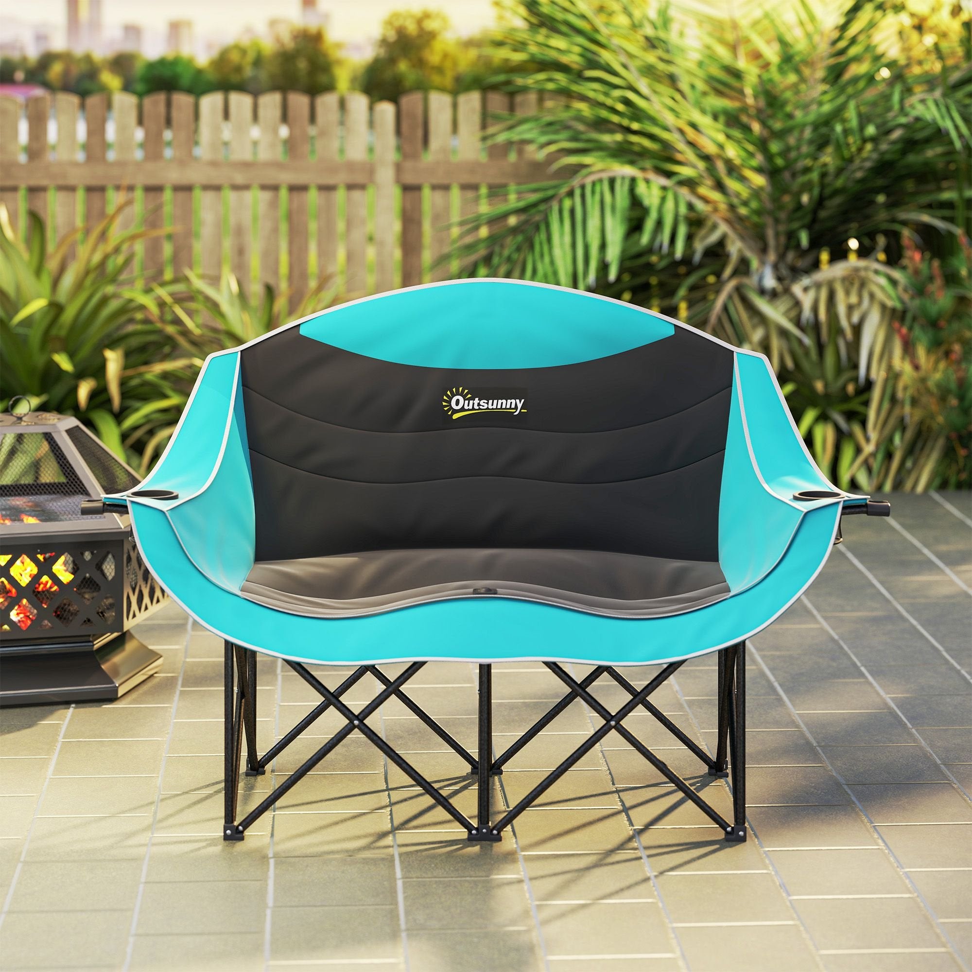 Padded Double Camping Chair - Folding with Armrests & Cup Holders