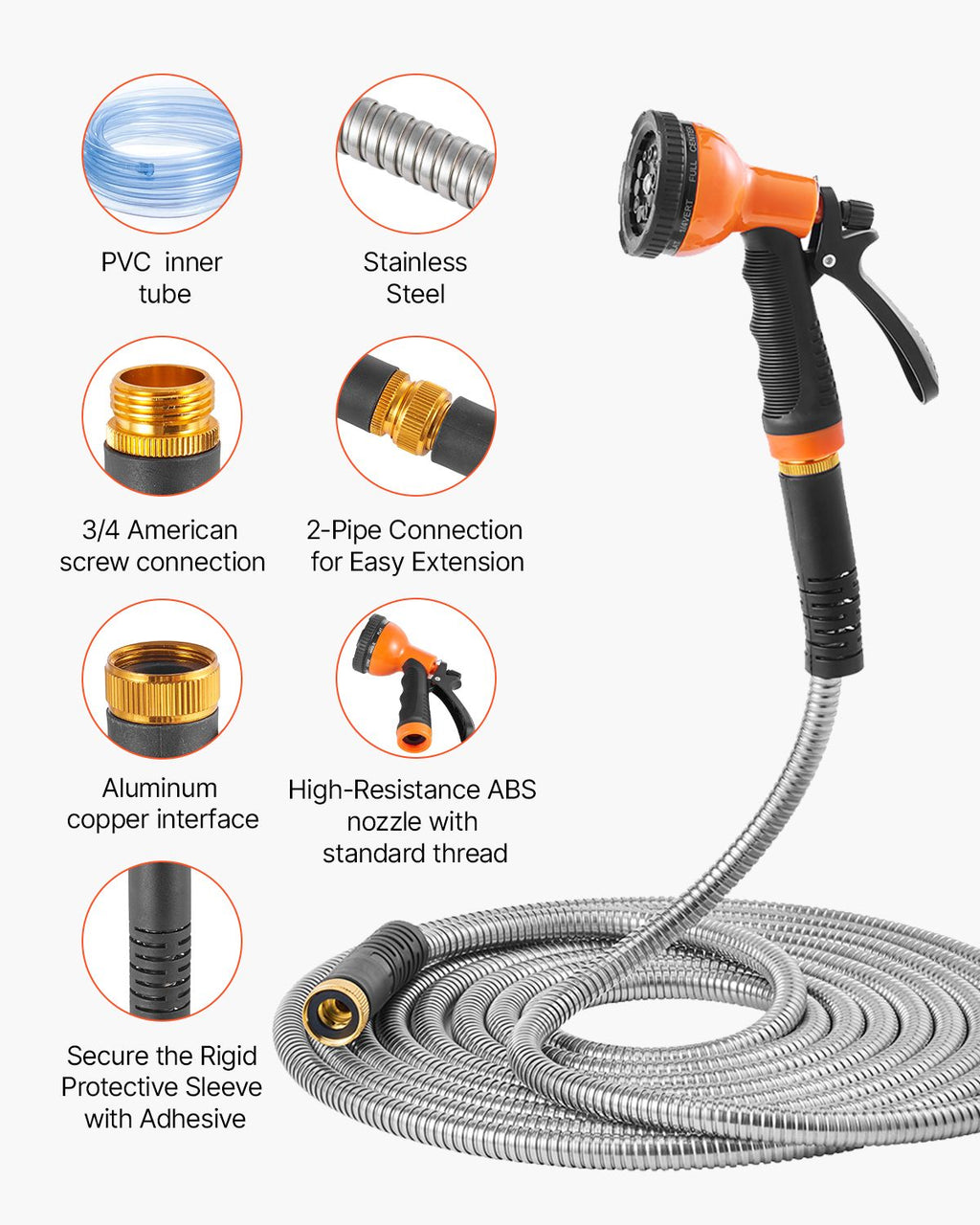 Heavy Duty Stainless Steel Metal Garden Hose with 10-Function Spray Nozzle