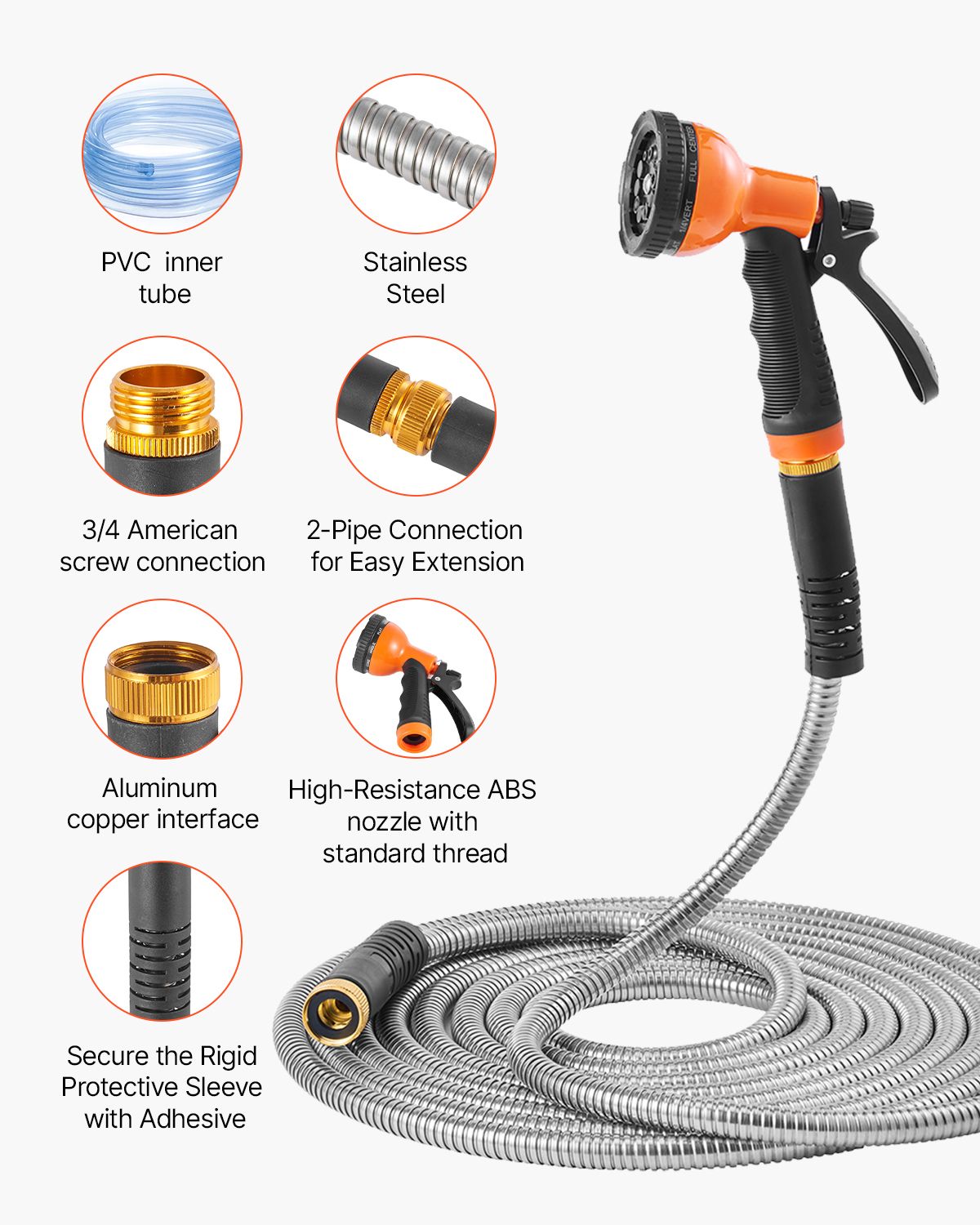 Heavy Duty Stainless Steel Metal Garden Hose with 10-Function Spray Nozzle