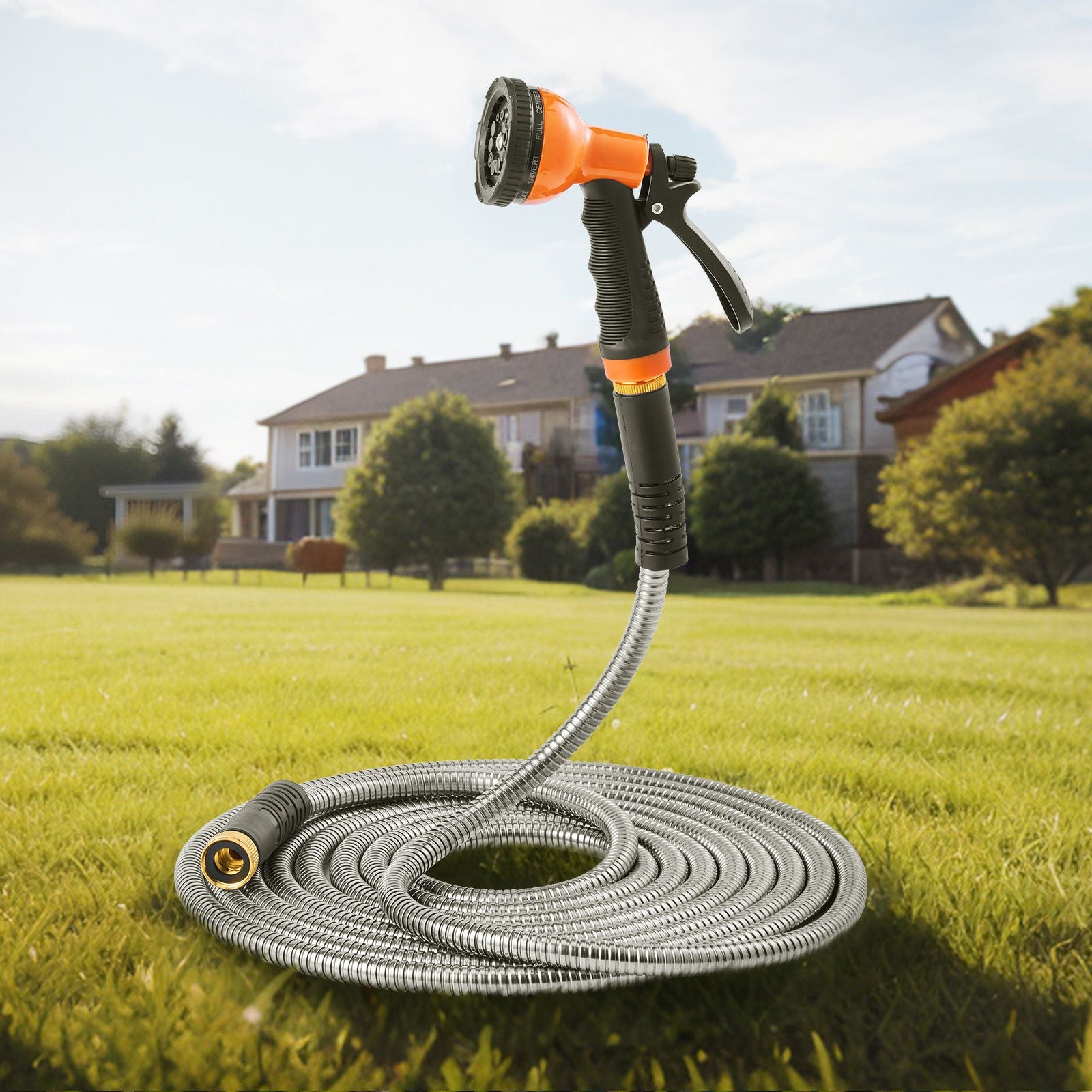 Heavy Duty Stainless Steel Metal Garden Hose with 10-Function Spray Nozzle