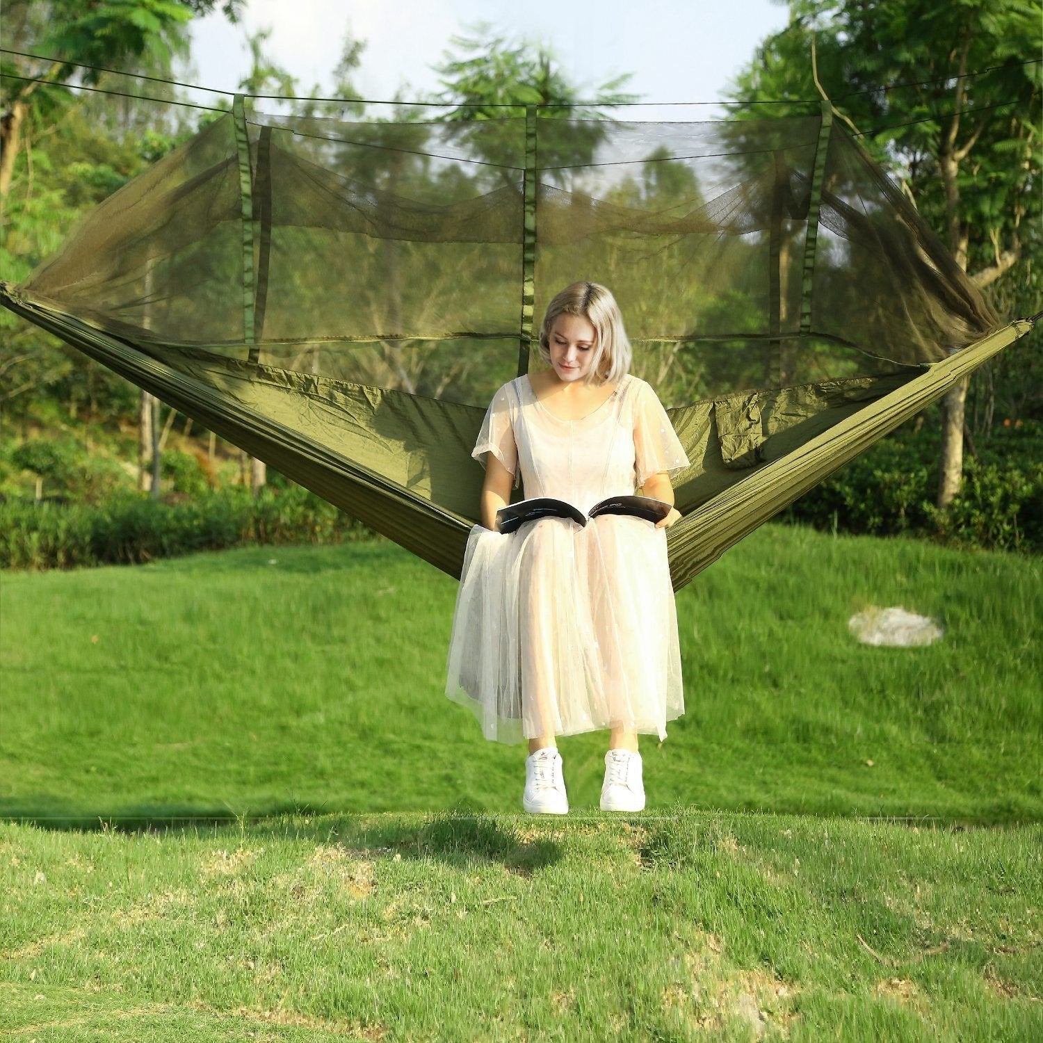 Double Camping Hammock with Mosquito Net – Portable, Includes 2 Straps, Ideal for Outdoor & Travel