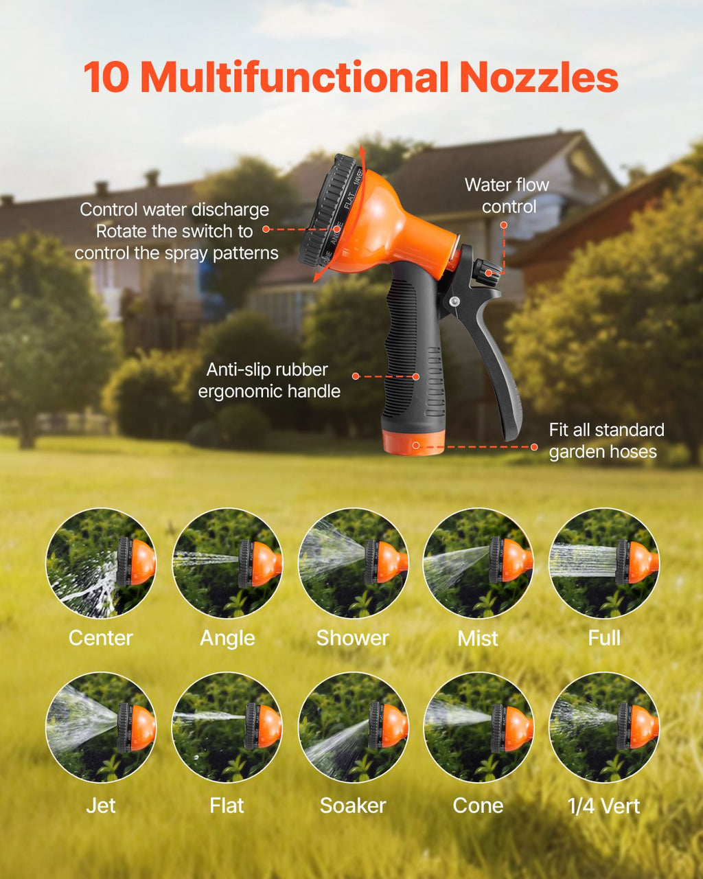 Heavy Duty Stainless Steel Metal Garden Hose with 10-Function Spray Nozzle