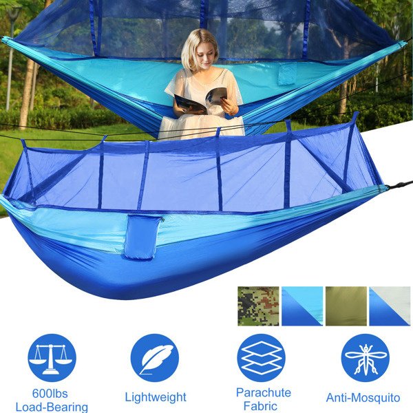Portable Double Camping Hammock - Mosquito Net, 600 lb Capacity