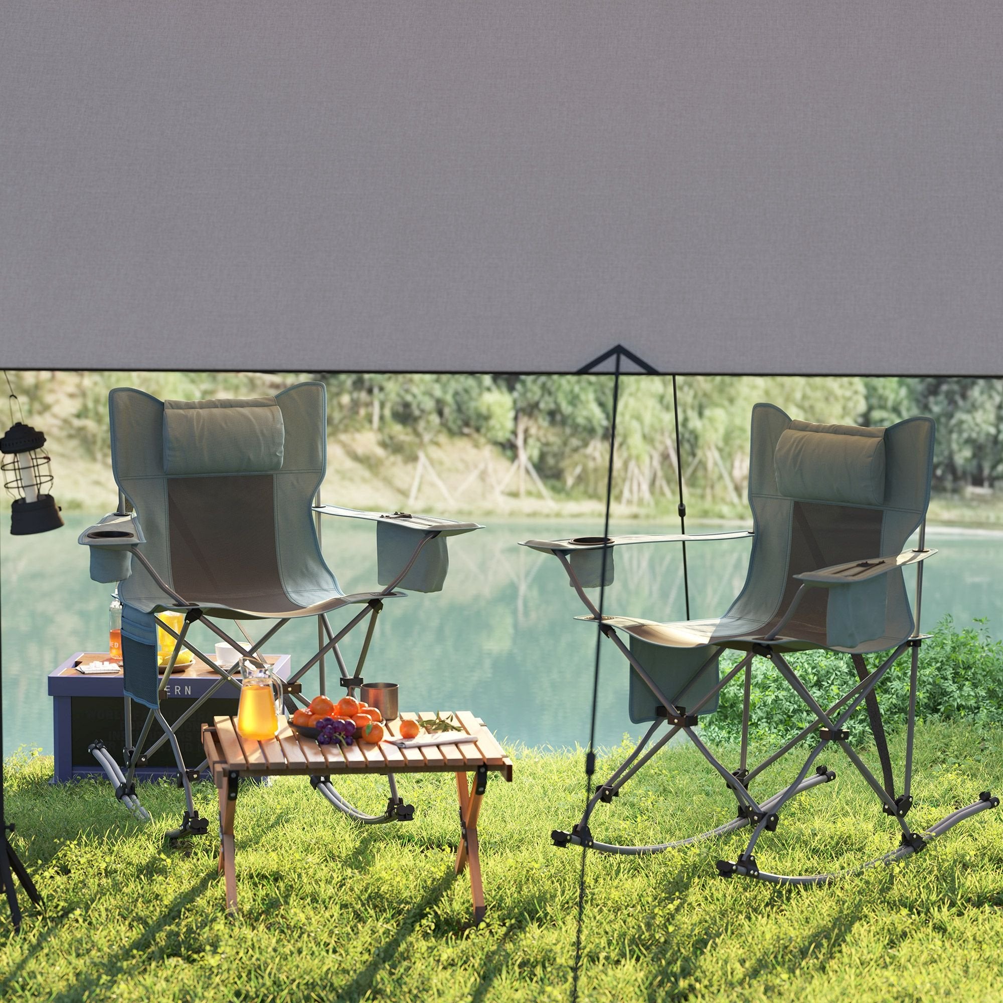 Folding Rocking Camping Chairs - Portable with Headrest, Cooler & Cup Holder