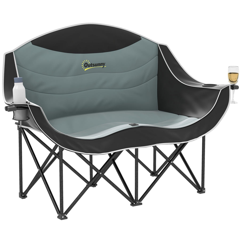 Padded Double Camping Chair - Folding with Armrests & Cup Holders