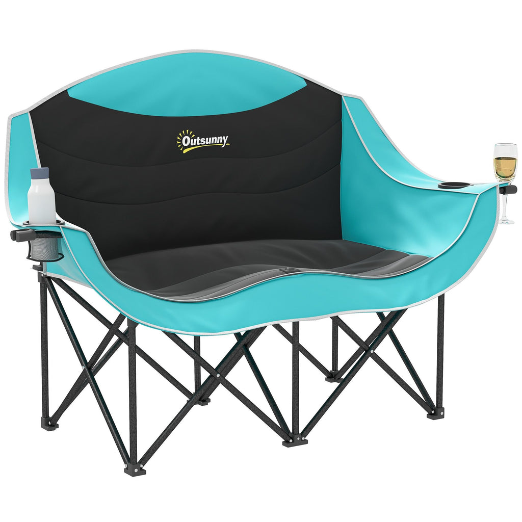 Padded Double Camping Chair - Folding with Armrests & Cup Holders