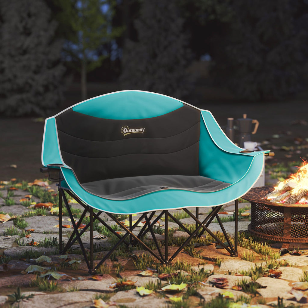 Padded Double Camping Chair - Folding with Armrests & Cup Holders