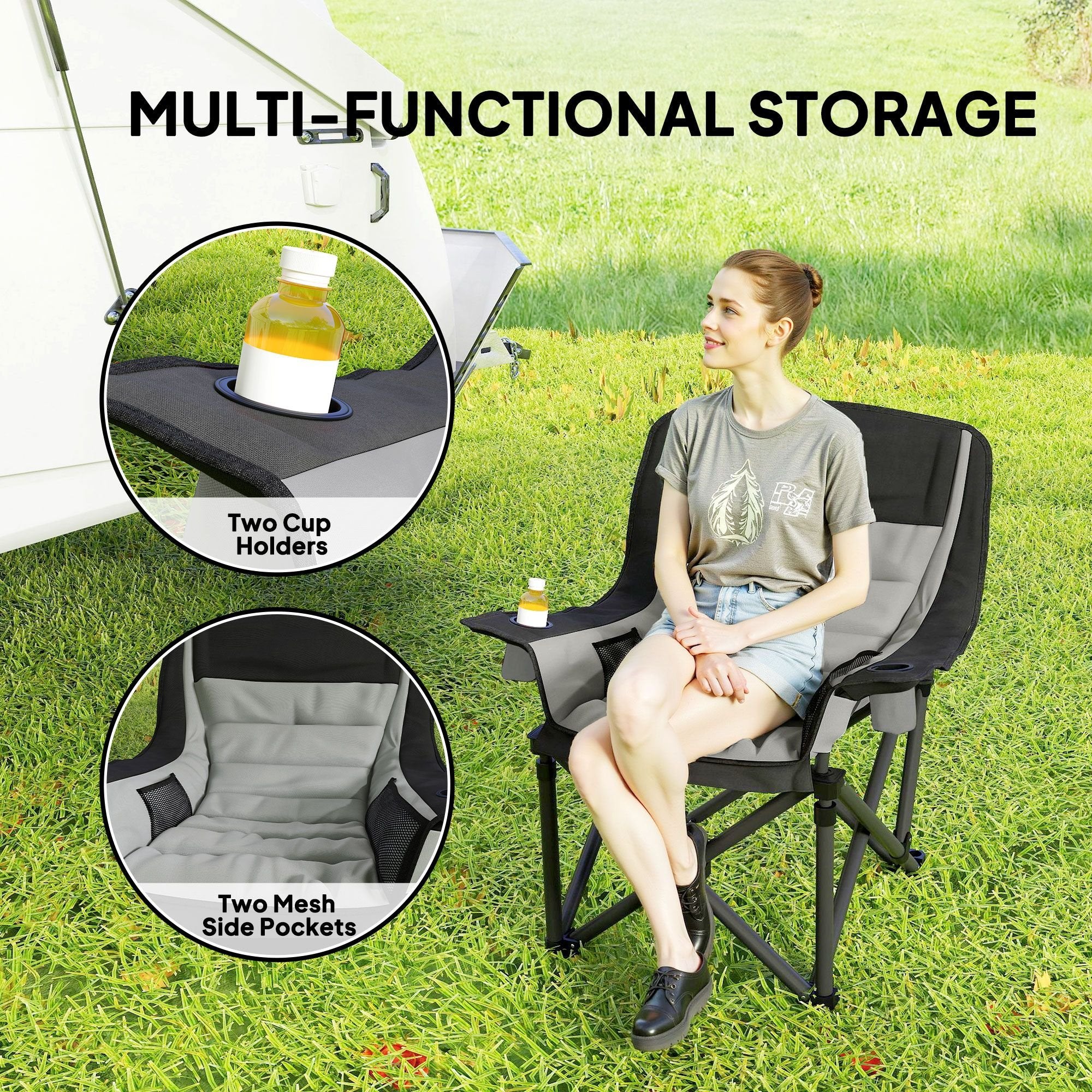 Padded Folding Camping Chair - Portable with Cup Holder & Side Pockets