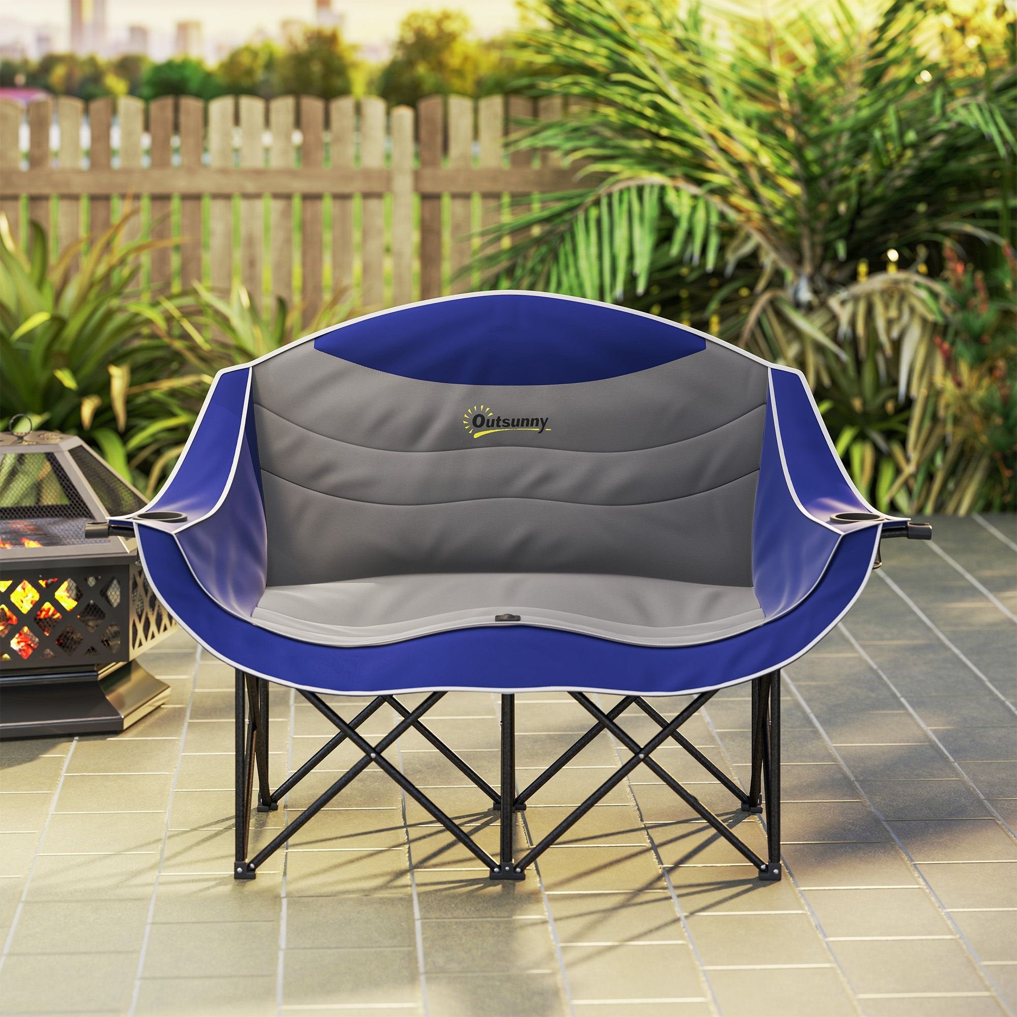 Padded Double Camping Chair - Folding with Armrests & Cup Holders