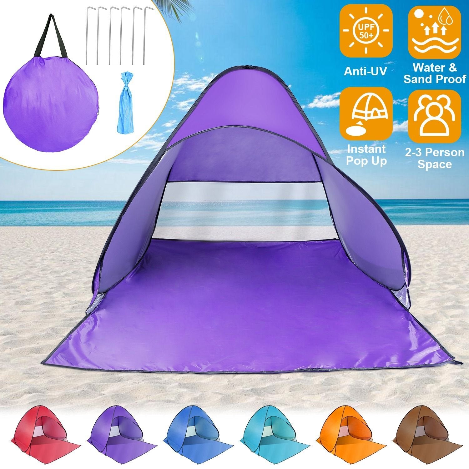 Pop-Up Beach Tent Sun Shade Shelter – Anti-UV, Waterproof with Net Window & Storage Bag for 2-3 People