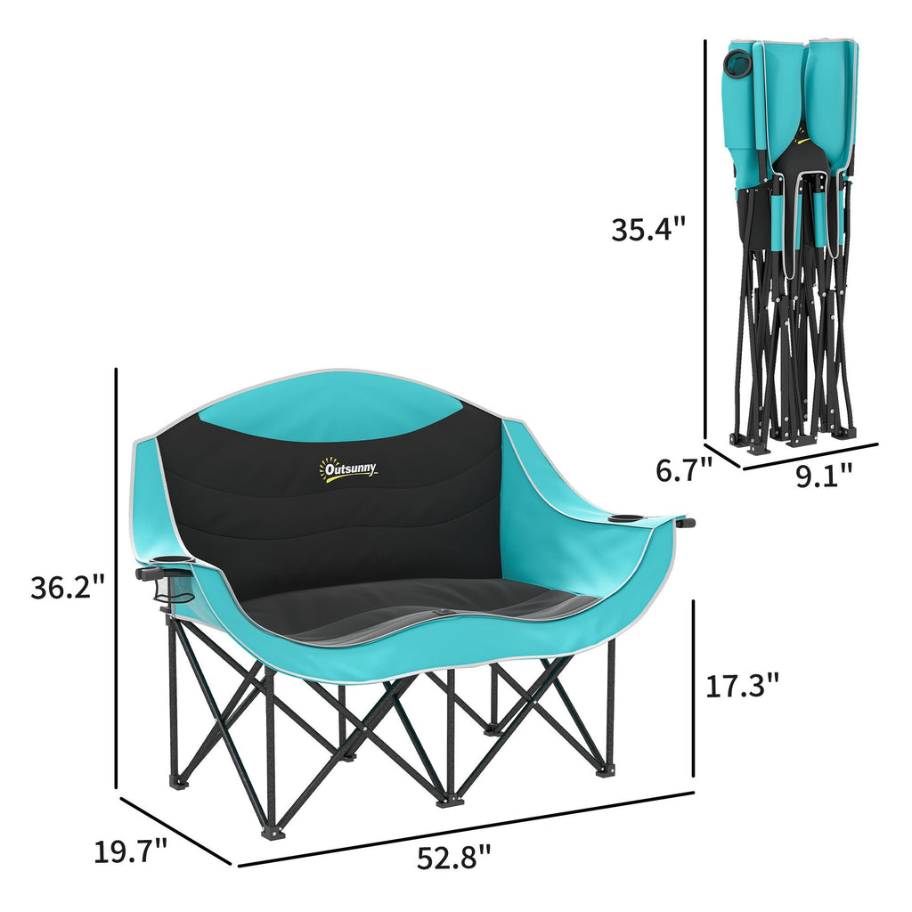Padded Double Camping Chair - Folding with Armrests & Cup Holders