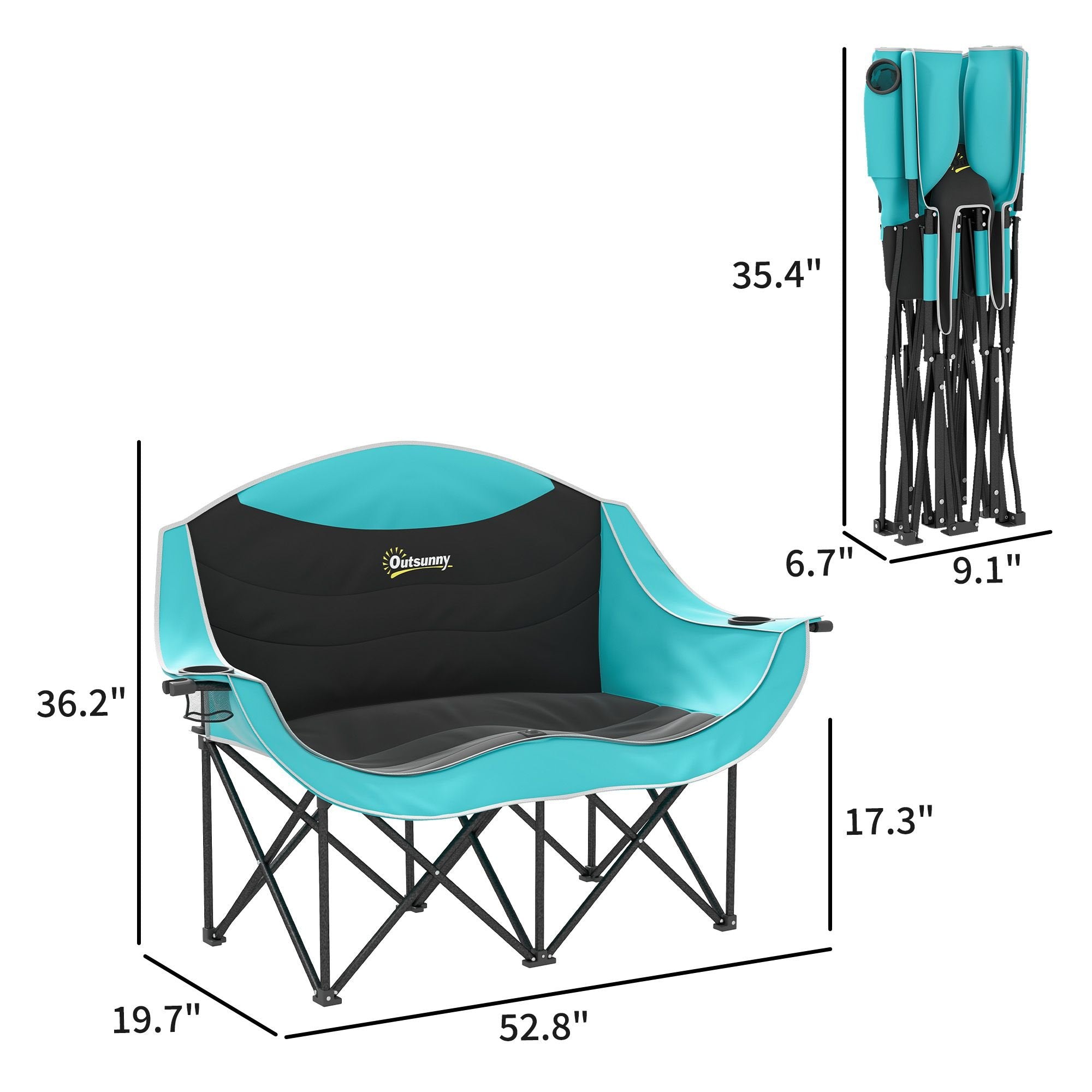 Padded Double Camping Chair - Folding with Armrests & Cup Holders