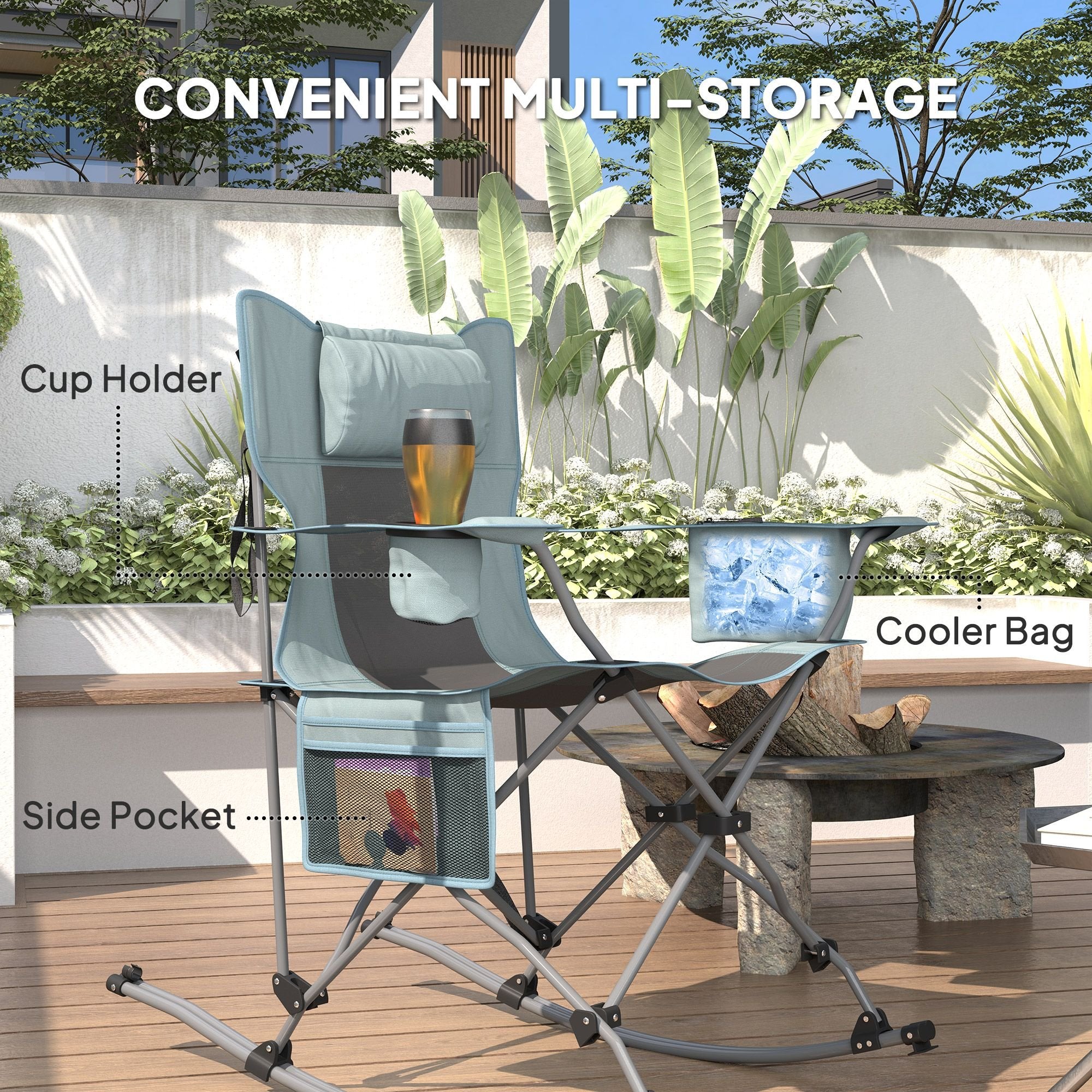Folding Rocking Camping Chairs - Portable with Headrest, Cooler & Cup Holder