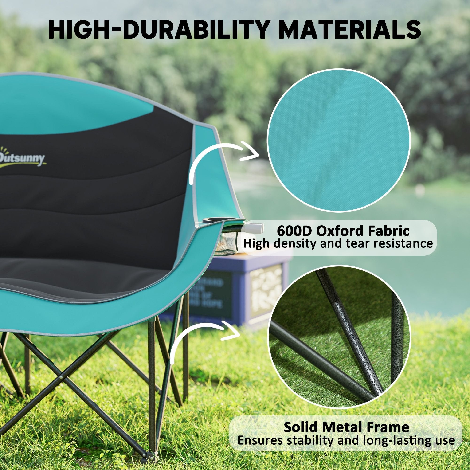 Padded Double Camping Chair - Folding with Armrests & Cup Holders