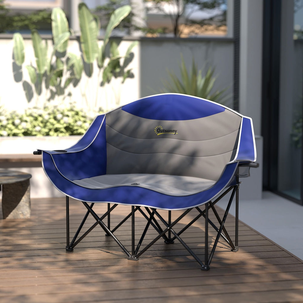 Padded Double Camping Chair - Folding with Armrests & Cup Holders