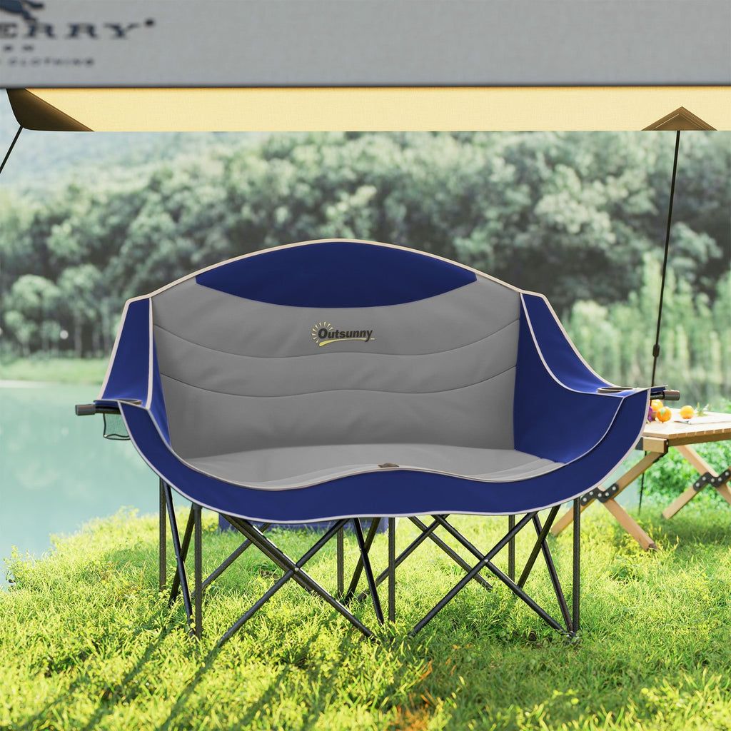 Padded Double Camping Chair - Folding with Armrests & Cup Holders