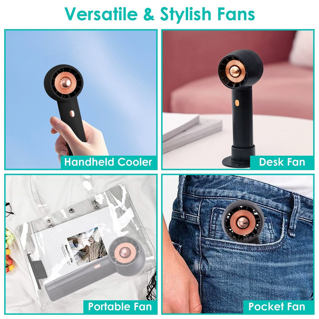 Portable Rechargeable Handheld Fan – Quiet Personal Desk & Phone Holder Fan with 3 Speeds & Removable Base