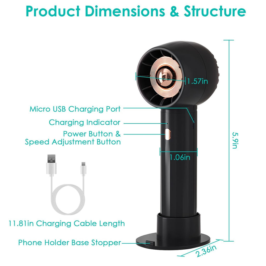 Portable Rechargeable Handheld Fan – Quiet Personal Desk & Phone Holder Fan with 3 Speeds & Removable Base