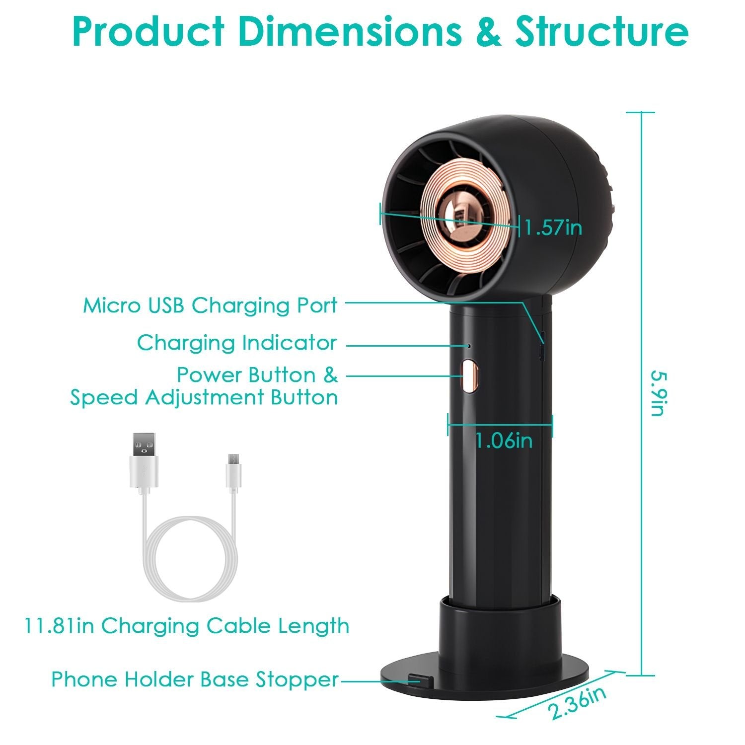 Portable Rechargeable Handheld Fan – Quiet Personal Desk & Phone Holder Fan with 3 Speeds & Removable Base