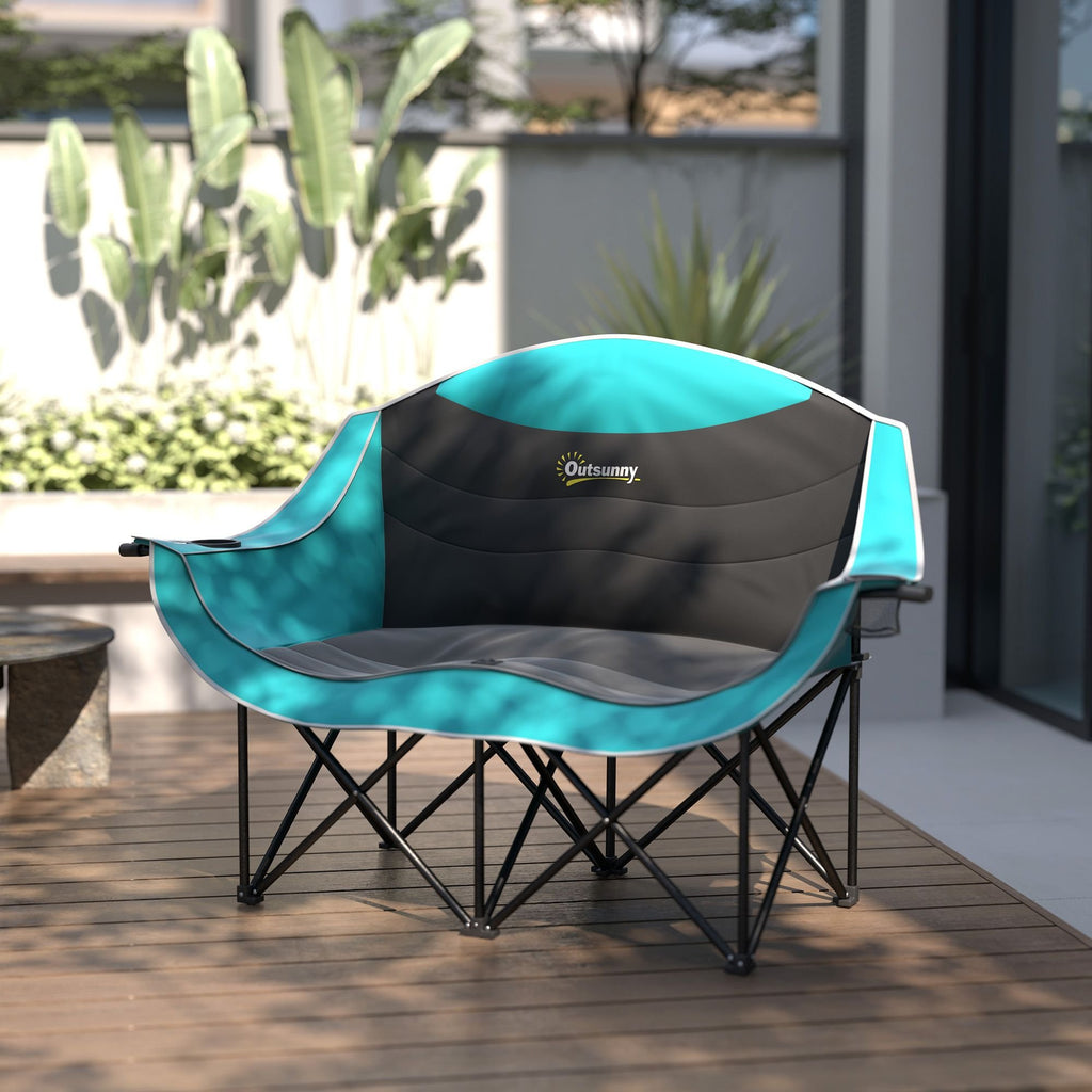 Padded Double Camping Chair - Folding with Armrests & Cup Holders