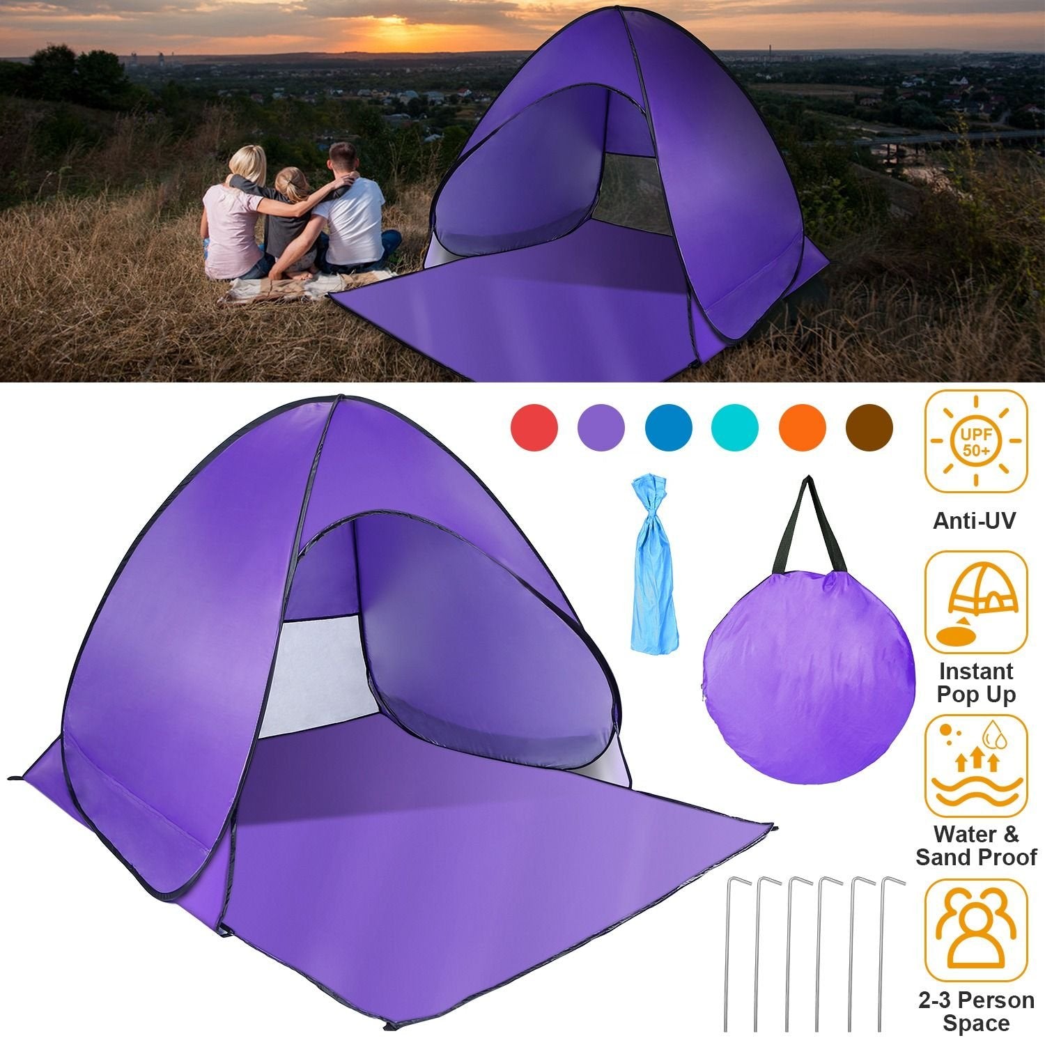 Pop-Up Beach Tent Sun Shade Shelter – Anti-UV, Waterproof with Net Window & Storage Bag for 2-3 People