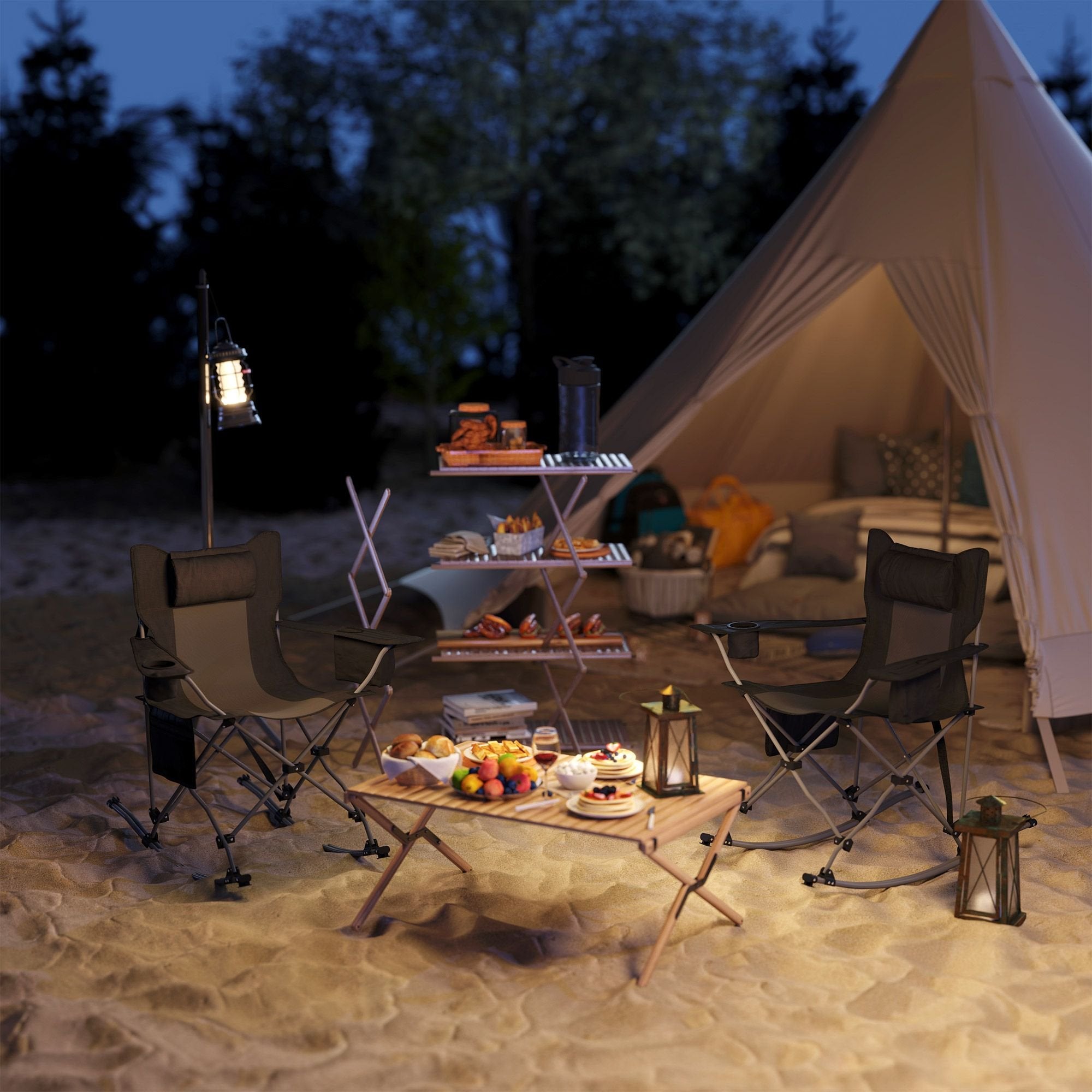 Folding Rocking Camping Chairs - Portable with Headrest, Cooler & Cup Holder