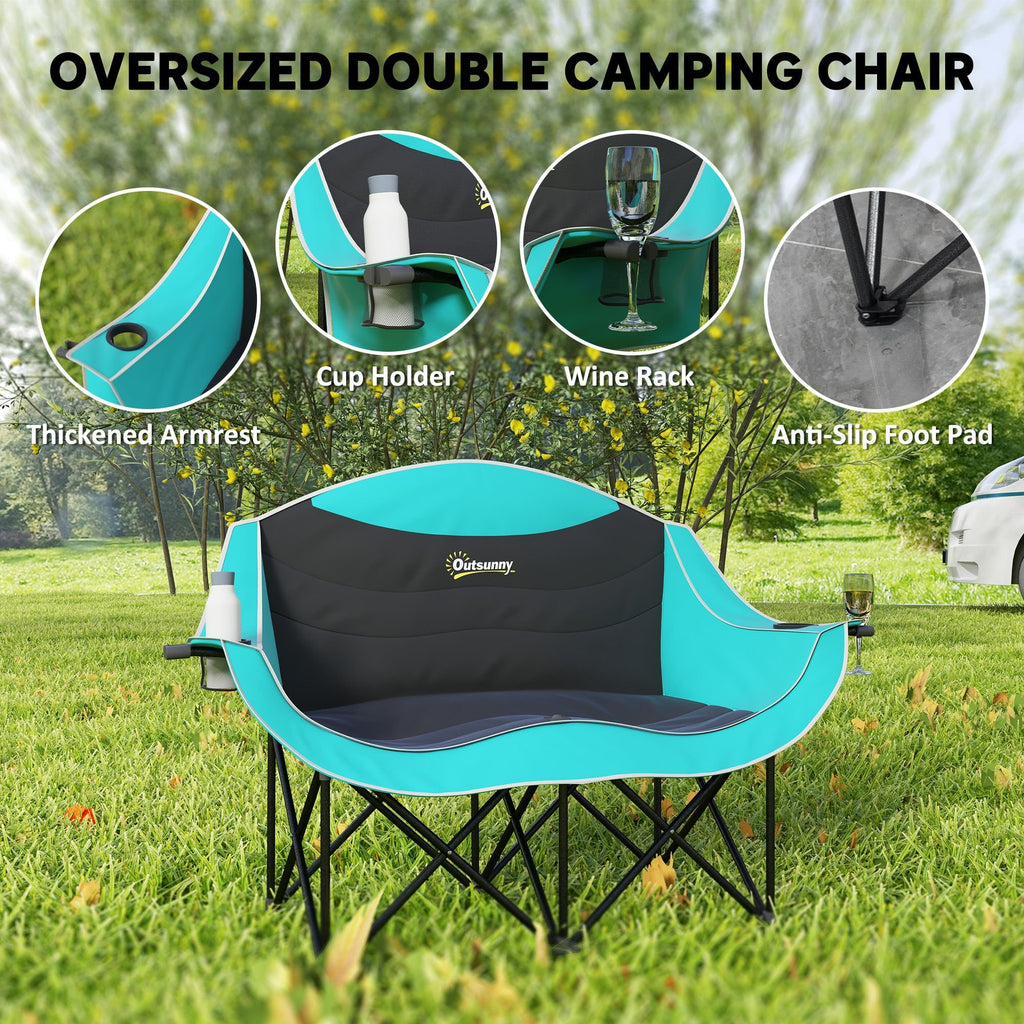 Padded Double Camping Chair - Folding with Armrests & Cup Holders