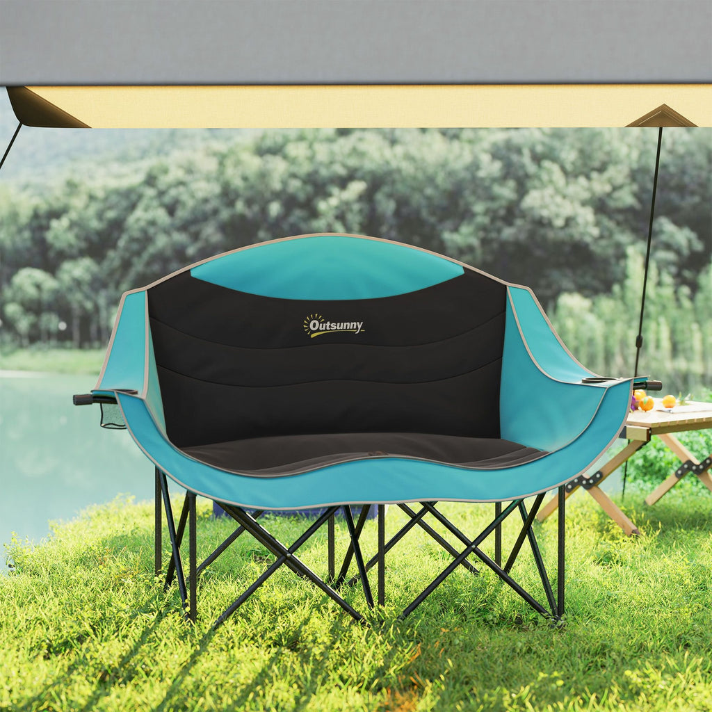 Padded Double Camping Chair - Folding with Armrests & Cup Holders