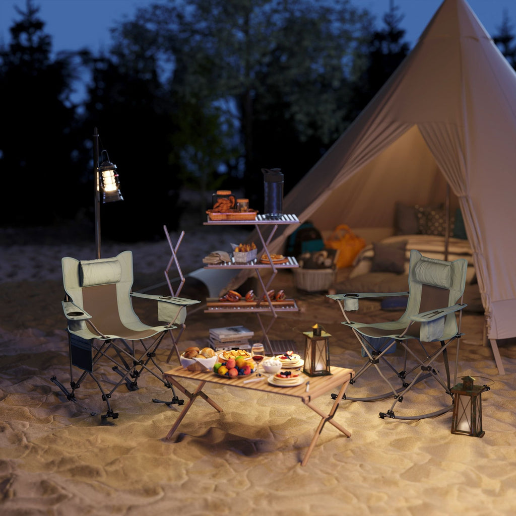 Folding Rocking Camping Chairs - Portable with Headrest, Cooler & Cup Holder