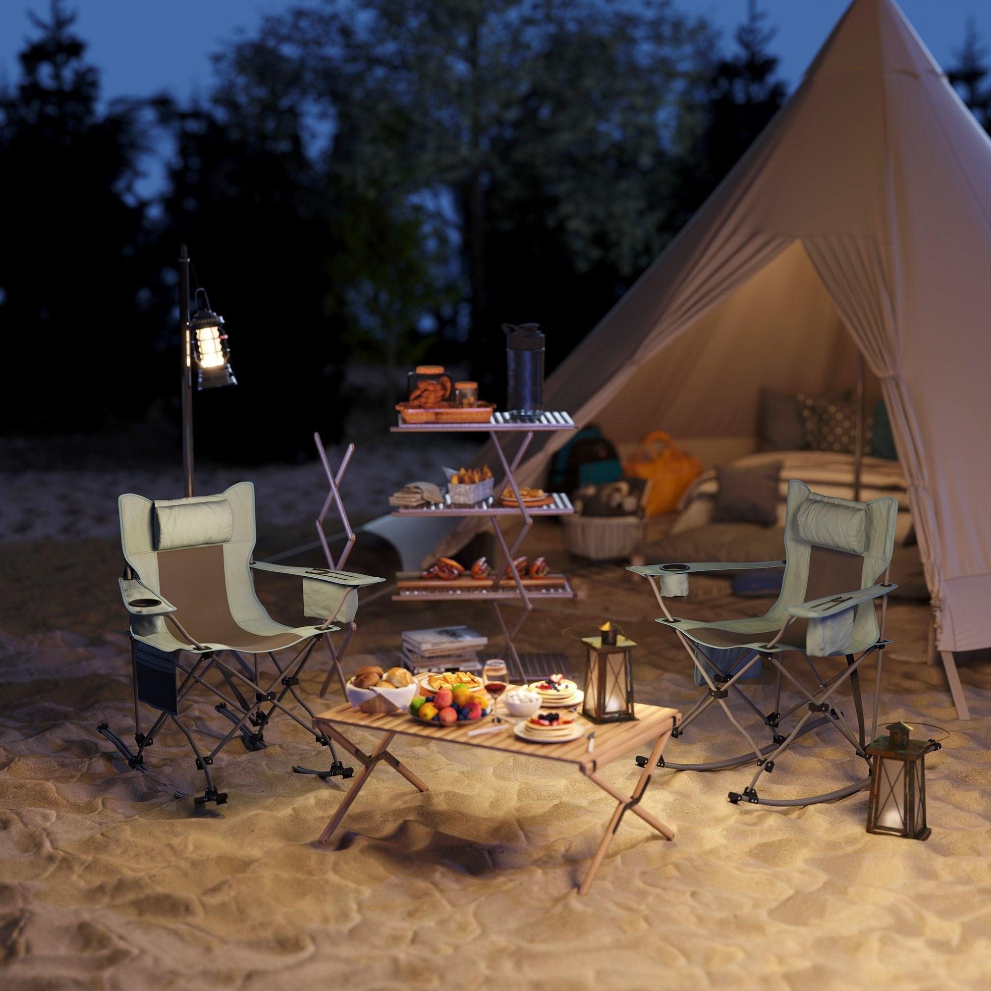 Folding Rocking Camping Chairs - Portable with Headrest, Cooler & Cup Holder