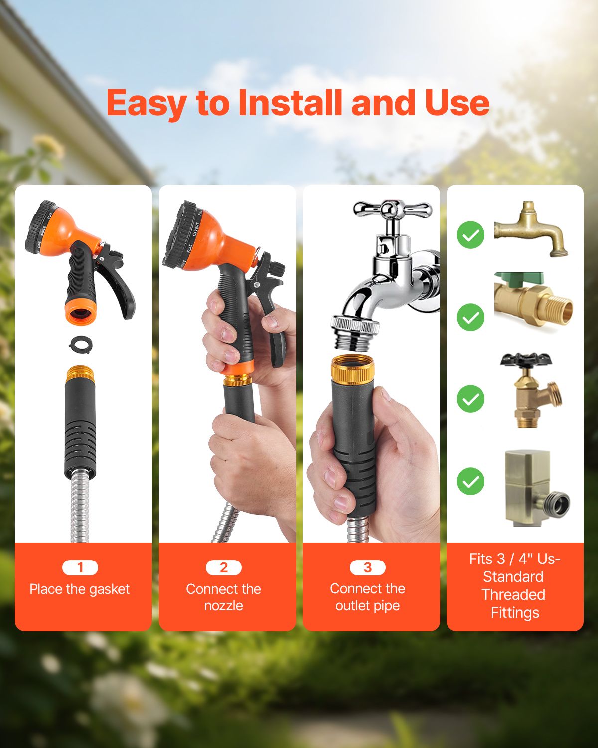 Heavy Duty Stainless Steel Metal Garden Hose with 10-Function Spray Nozzle