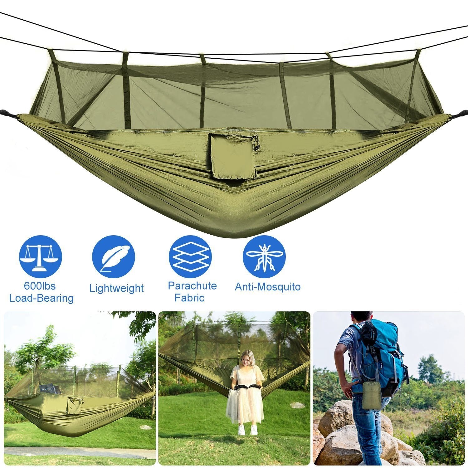 Double Camping Hammock with Mosquito Net – Portable, Includes 2 Straps, Ideal for Outdoor & Travel