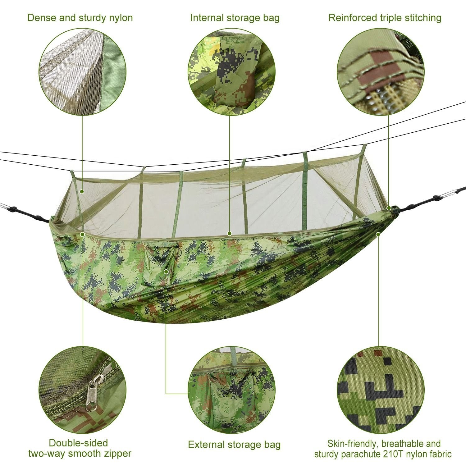 Double Camping Hammock with Mosquito Net – Portable, Includes 2 Straps, Ideal for Outdoor & Travel