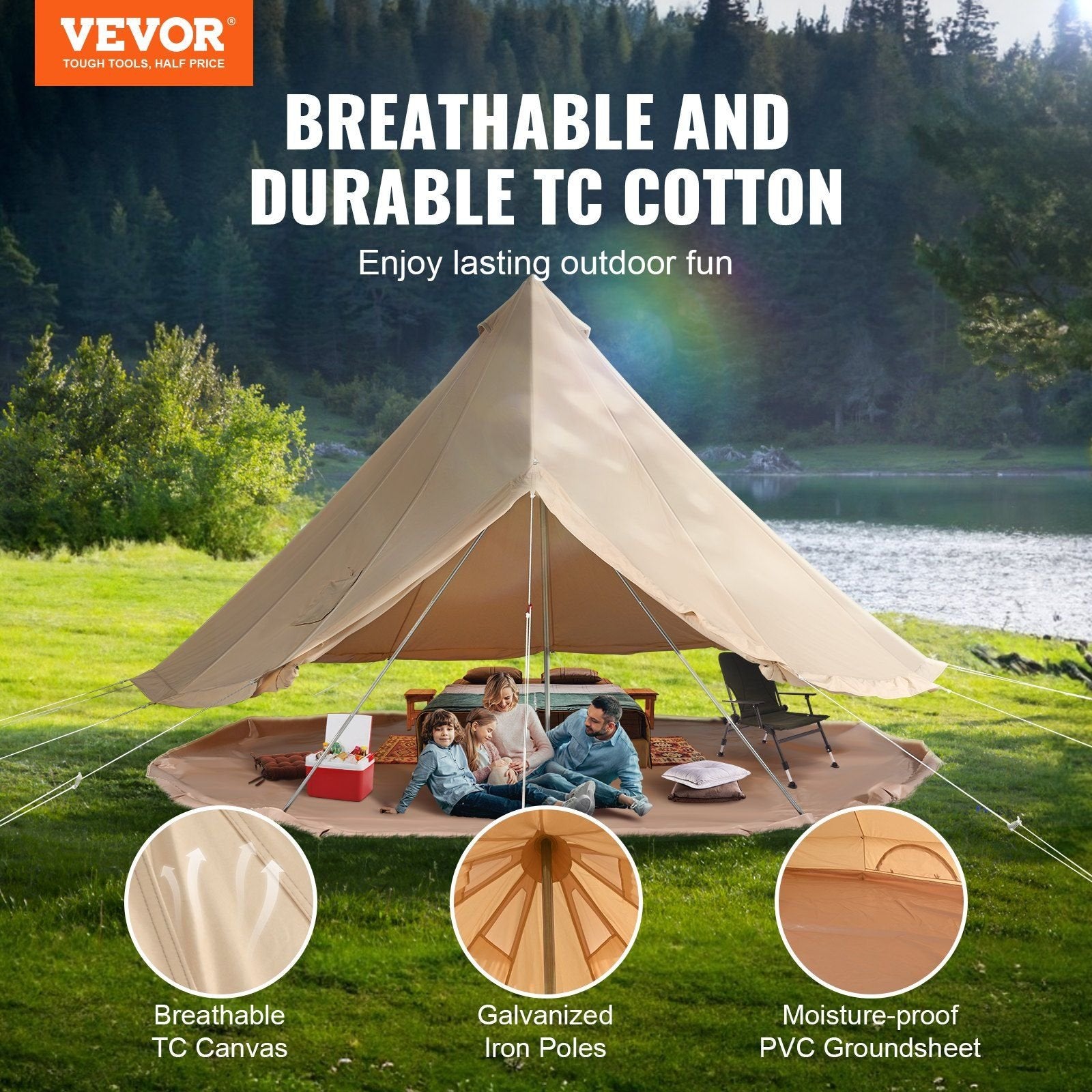 VEVOR Canvas Bell Tent, Waterproof with Stove Jack & Detachable Wall