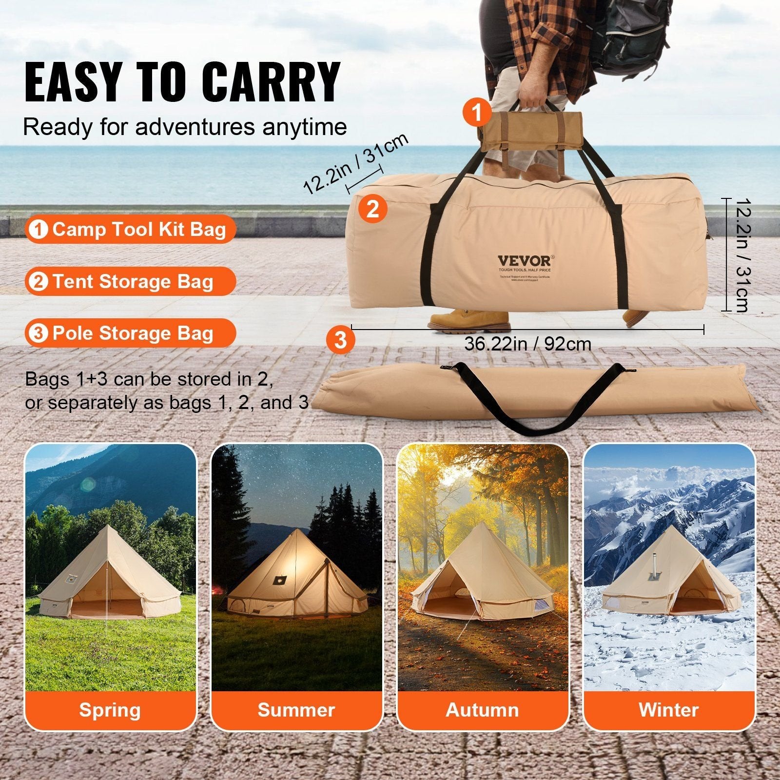 VEVOR Canvas Bell Tent, Waterproof with Stove Jack & Detachable Wall