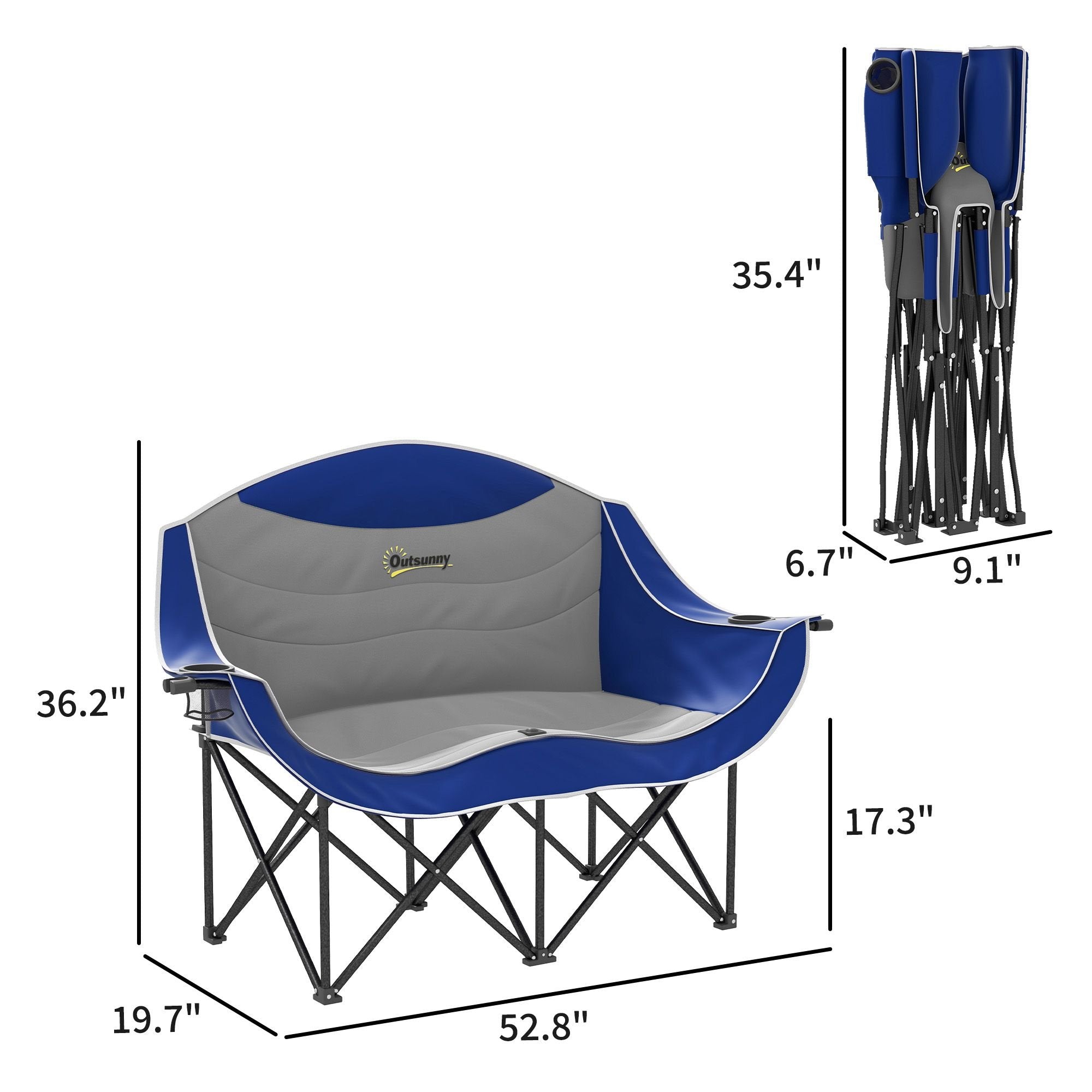 Padded Double Camping Chair - Folding with Armrests & Cup Holders