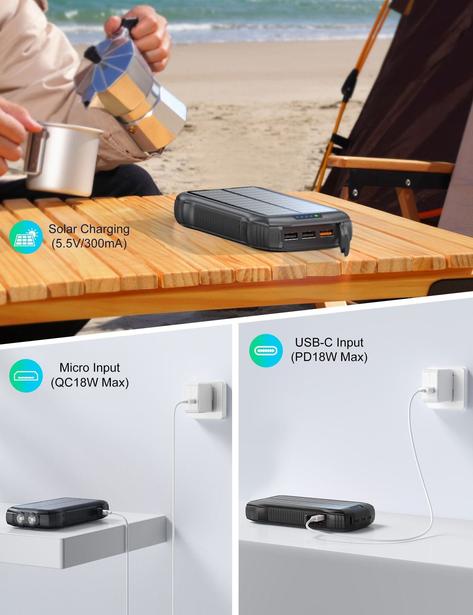 Portable Solar Charger: 33,500mAh, Fast Charging, Waterproof, 6W Flashlight for iPhone, Samsung, Tablet