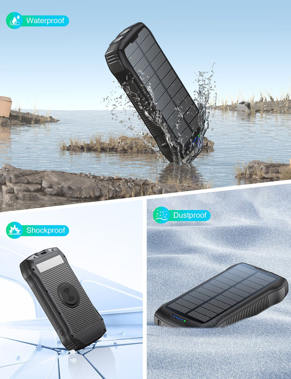 Portable Solar Charger: 33,500mAh, Fast Charging, Waterproof, 6W Flashlight for iPhone, Samsung, Tablet