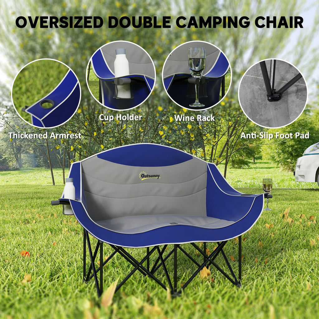 Padded Double Camping Chair - Folding with Armrests & Cup Holders