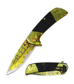 Golden Damascus Finished Spring Assisted Folding Knife