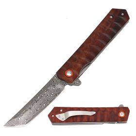 Ball Bearing Damascus Tanto Blade Pocket Knife with Ebony Wood Handle