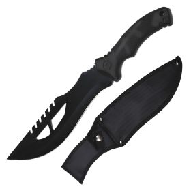 15" Overall Black Fixed Blade Hunting Bowie Machete Knife - 6 Design Selection (Design: 1)